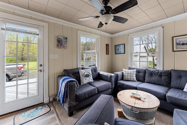 15498 Kings Hwy, Montross, VA 22520 - living area featuring ornamental molding, wood finished floors, and a ceiling fan