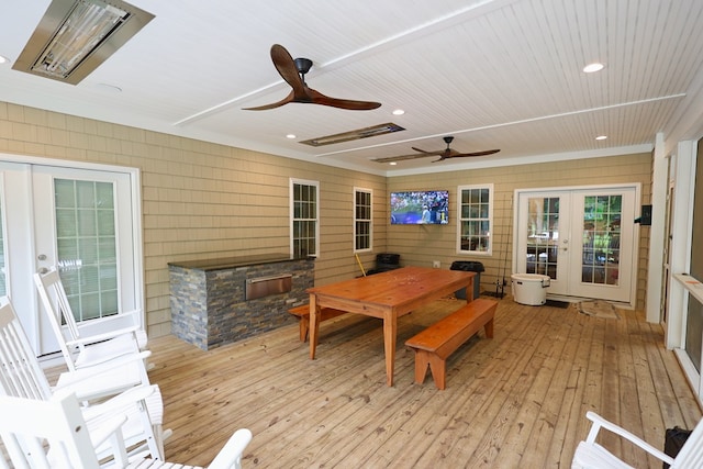 exterior space featuring ceiling fan, french doors, wooden ceiling, and light hardwood / wood-style flooring