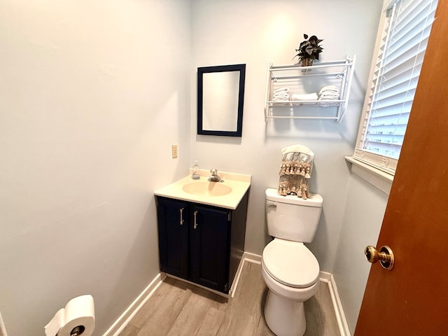 bathroom with vanity, wood-type flooring, and toilet