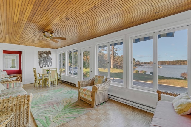 sunroom featuring ceiling fan, a water view, wooden ceiling, and a baseboard heating unit