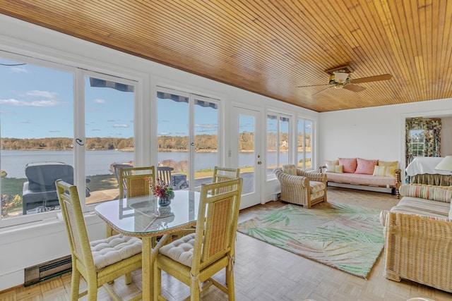 sunroom / solarium with french doors, a water view, ceiling fan, and wood ceiling