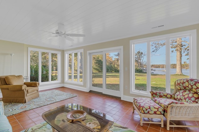 sunroom / solarium with ceiling fan and wood ceiling