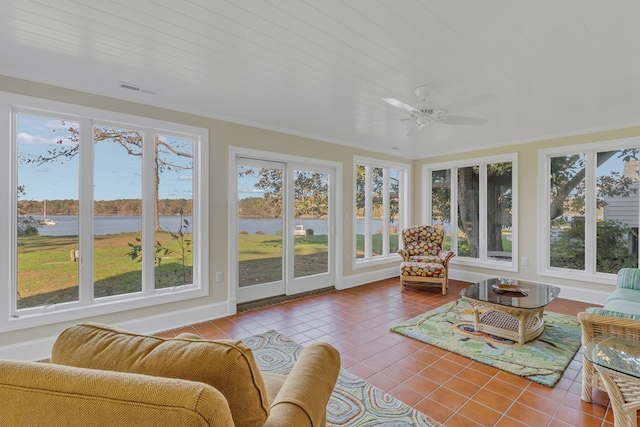 sunroom / solarium with ceiling fan, a water view, wooden ceiling, and a wealth of natural light