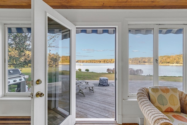 doorway with parquet floors and a water view