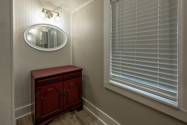 bathroom featuring crown molding and hardwood / wood-style flooring