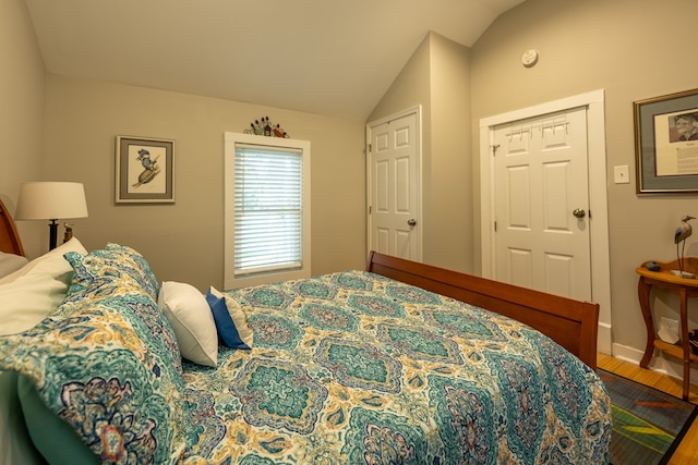 bedroom with a closet and vaulted ceiling