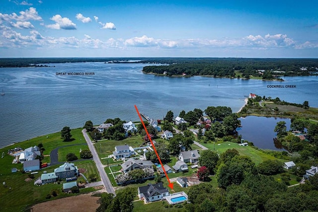 drone / aerial view featuring a water view