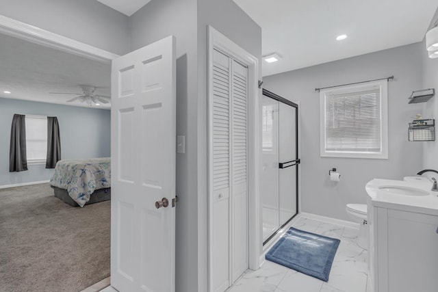 2920 Newmans Neck Rd, Heathsville, VA 22473 - bathroom featuring a closet, baseboards, toilet, a stall shower, and recessed lighting