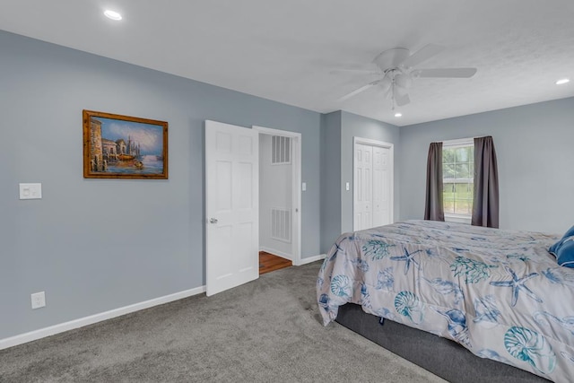 2920 Newmans Neck Rd, Heathsville, VA 22473 - carpeted bedroom with baseboards, recessed lighting, a closet, and a ceiling fan