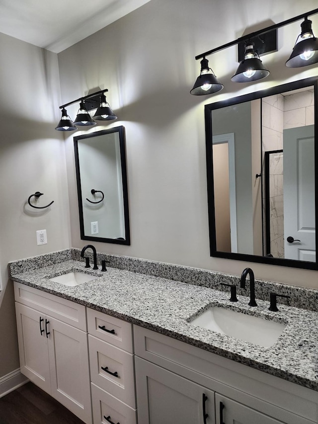 bathroom with hardwood / wood-style flooring and vanity