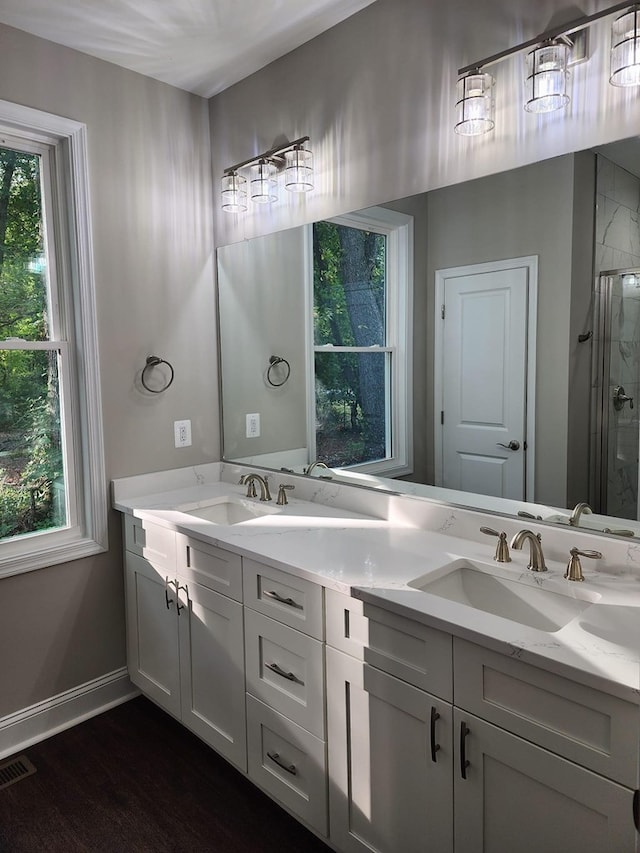 bathroom with hardwood / wood-style floors, vanity, plenty of natural light, and a shower with shower door