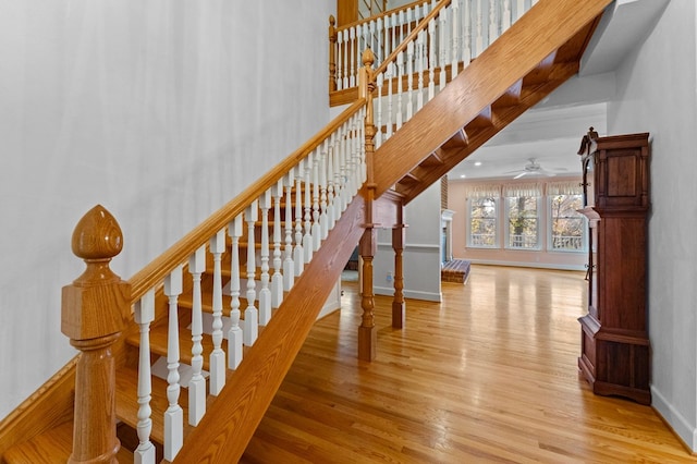 stairway with ceiling fan and hardwood / wood-style floors