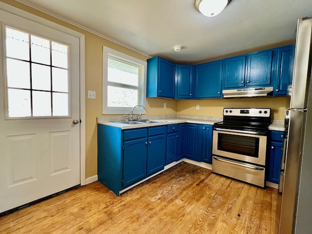 kitchen with sink, blue cabinets, and appliances with stainless steel finishes