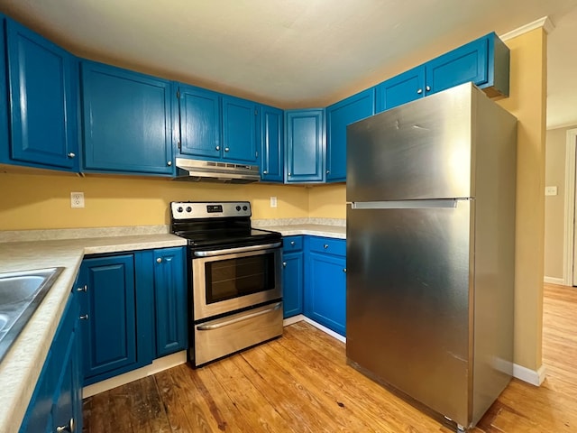 kitchen featuring light wood-type flooring, blue cabinetry, and appliances with stainless steel finishes