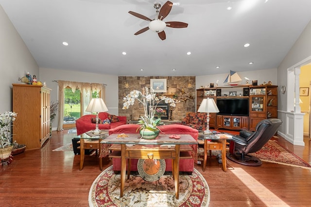 309 Nomini Bay Dr, Montross, VA 22520 - living room with ceiling fan, wood finished floors, recessed lighting, and a stone fireplace