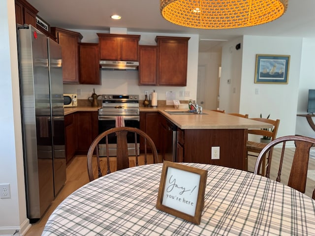 230 Roseneath Ave, Kilmarnock, VA 22482 - kitchen with stainless steel appliances, under cabinet range hood, a sink, light wood-style flooring, and a peninsula
