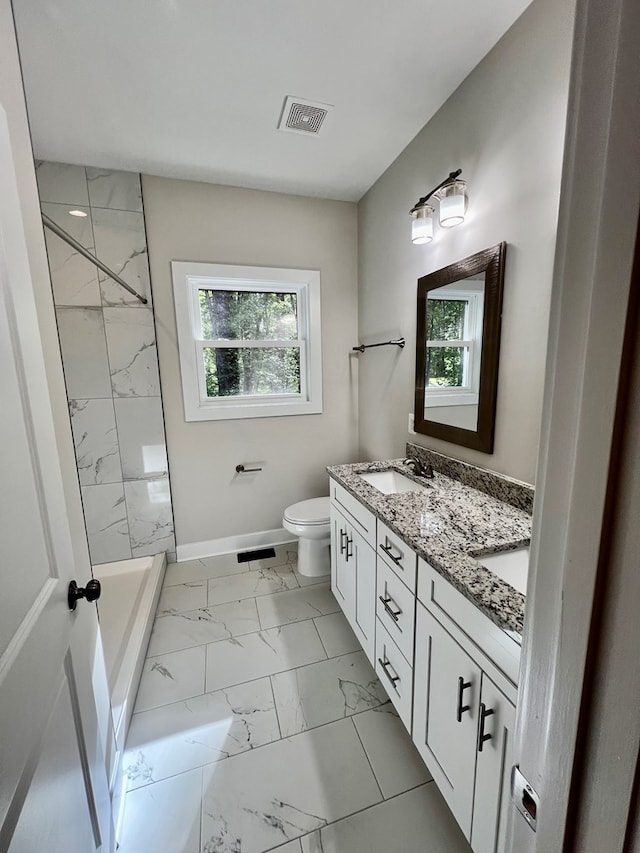 366 N Glebe Rd, Montross, VA 22520 - bathroom with marble finish floors, double vanity, toilet, baseboards, and a shower