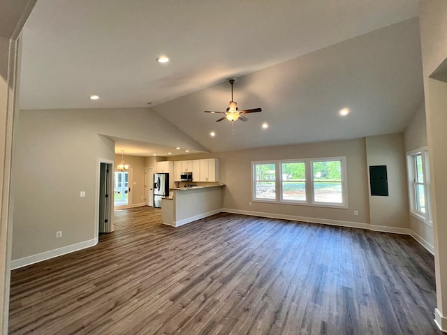 366 N Glebe Rd, Montross, VA 22520 - unfurnished living room featuring dark wood-style flooring, lofted ceiling, plenty of natural light, recessed lighting, and a ceiling fan