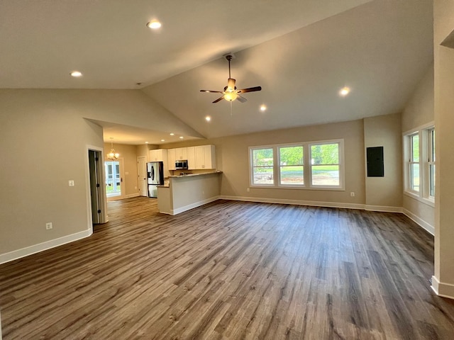 366 N Glebe Rd, Montross, VA 22520 - unfurnished living room featuring dark wood finished floors, recessed lighting, baseboards, a ceiling fan, and a chandelier