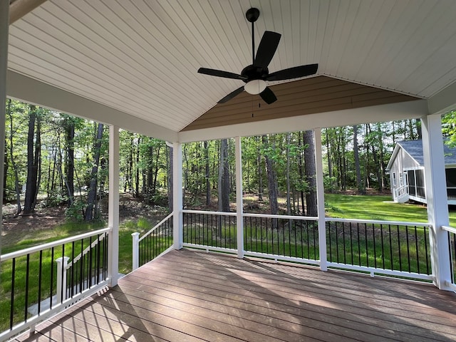 366 N Glebe Rd, Montross, VA 22520 - deck featuring a ceiling fan and a yard
