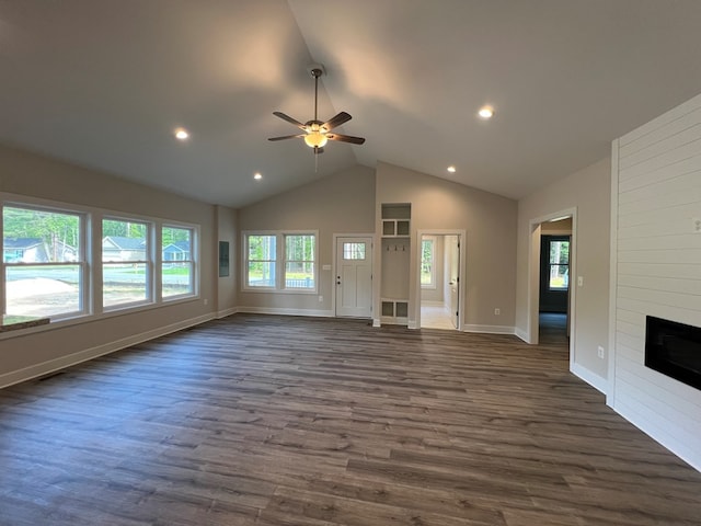 366 N Glebe Rd, Montross, VA 22520 - unfurnished living room with a ceiling fan, dark wood finished floors, a fireplace, recessed lighting, and baseboards