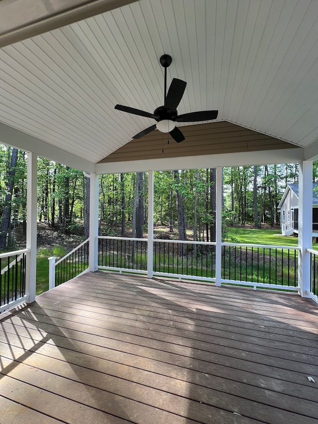 366 N Glebe Rd, Montross, VA 22520 - wooden deck with ceiling fan and view of wooded area