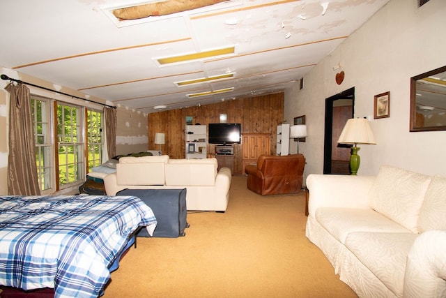 1026 Hoecake Rd, Lancaster, VA 22503 - living area with vaulted ceiling, carpet flooring, and wooden walls