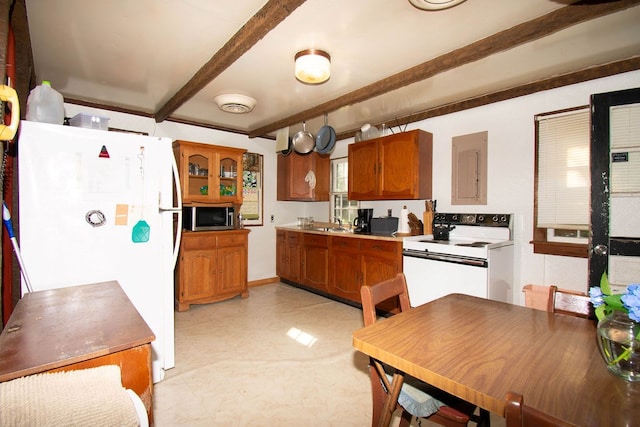 1026 Hoecake Rd, Lancaster, VA 22503 - kitchen with white appliances, brown cabinets, beam ceiling, electric panel, and light countertops