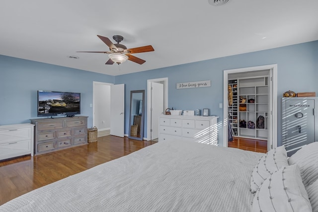 bedroom with a closet, a walk in closet, dark hardwood / wood-style floors, and ceiling fan