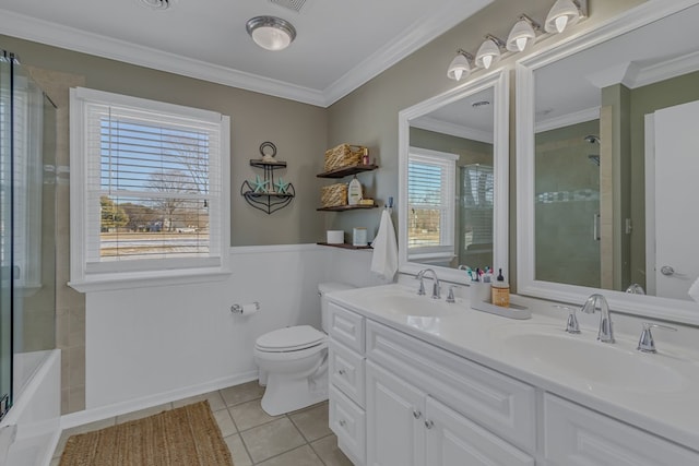 bathroom with tile patterned flooring, a wealth of natural light, crown molding, and walk in shower