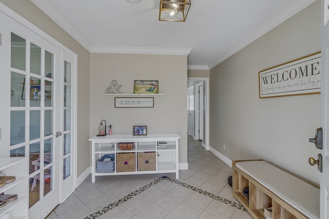 interior space featuring tile patterned floors and crown molding