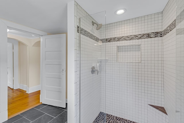 19 Wharton Grove Ln, Weems, VA 22576 - bathroom featuring a stall shower, tile patterned floors, and recessed lighting