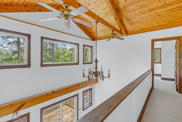912 Levelgreen Rd, Lancaster, VA 22503 - hall with wood ceiling, light carpet, an upstairs landing, and a chandelier