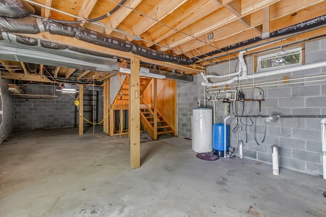 912 Levelgreen Rd, Lancaster, VA 22503 - unfinished below grade area with a water pressure tank, water heater, stairs, and concrete block wall