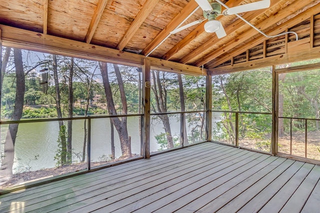 912 Levelgreen Rd, Lancaster, VA 22503 - unfurnished sunroom featuring a water view, a ceiling fan, view of scattered trees, and vaulted ceiling