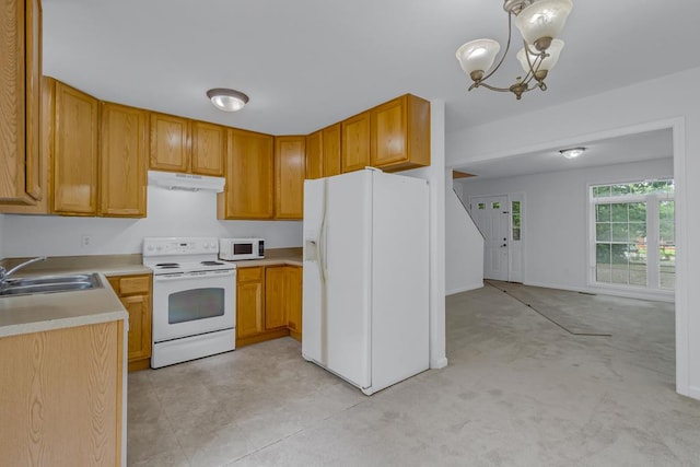 1 Bull Creek Dr, Lancaster, VA 22503 - kitchen featuring white appliances, a sink, under cabinet range hood, light countertops, and a chandelier