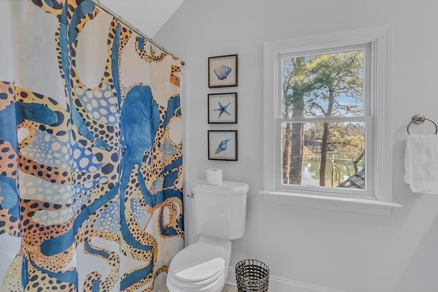 full bathroom with curtained shower, a healthy amount of sunlight, vaulted ceiling, and toilet