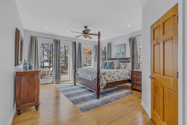 bedroom featuring baseboards, a ceiling fan, light wood-style flooring, access to outside, and recessed lighting