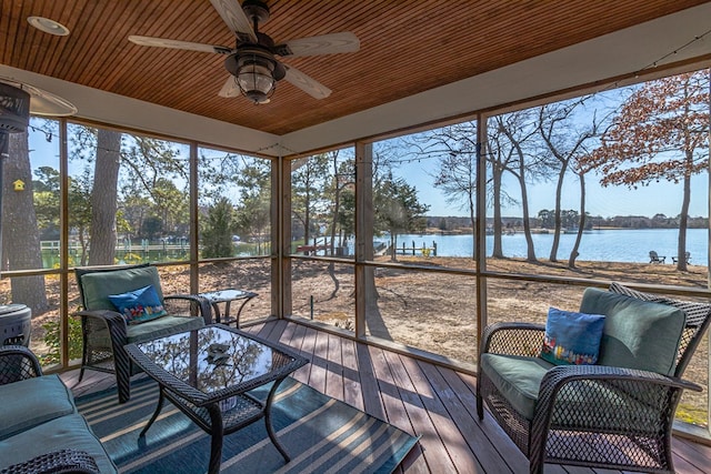 unfurnished sunroom with ceiling fan, a wealth of natural light, a water view, and wooden ceiling