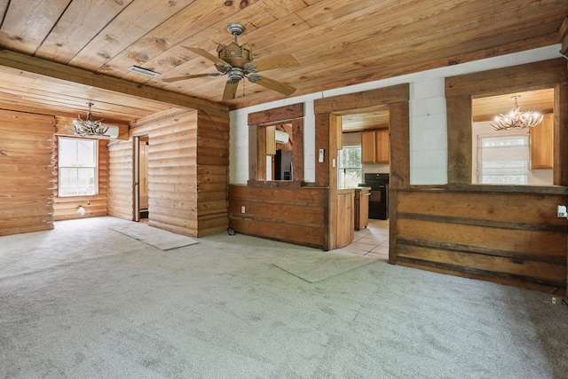 63 Pioneer Trl, Hague, VA 22469 - empty room featuring a chandelier, wood ceiling, rustic walls, light colored carpet, and plenty of natural light
