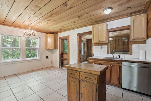 63 Pioneer Trl, Hague, VA 22469 - kitchen featuring stainless steel dishwasher, tile counters, wooden ceiling, light tile patterned flooring, and healthy amount of natural light