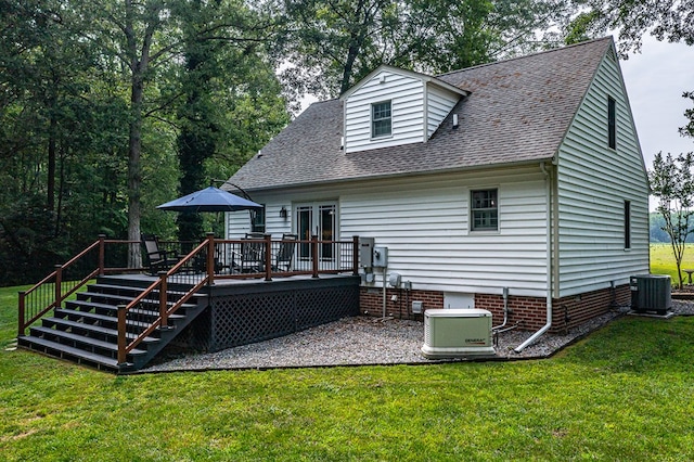 3503 Canal Rd, Farnham, VA 22460 - back of house featuring a wooden deck, roof with shingles, french doors, a yard, and crawl space
