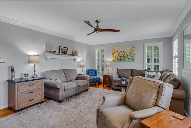 3503 Canal Rd, Farnham, VA 22460 - living room featuring ceiling fan, light wood-style floors, and ornamental molding