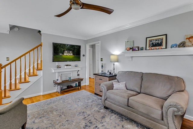 3503 Canal Rd, Farnham, VA 22460 - living room with ceiling fan, ornamental molding, stairway, and wood finished floors