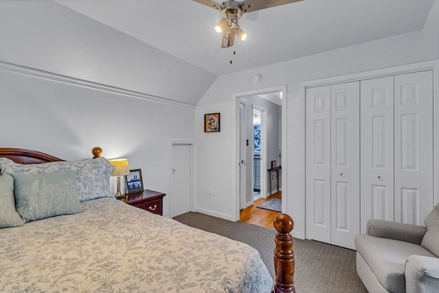 3503 Canal Rd, Farnham, VA 22460 - carpeted bedroom featuring vaulted ceiling, a closet, and a ceiling fan
