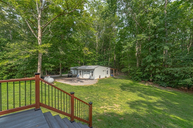 3503 Canal Rd, Farnham, VA 22460 - view of grassy yard featuring an outbuilding, a deck, and a forest view