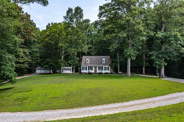 3503 Canal Rd, Farnham, VA 22460 - new england style home featuring covered porch, a front lawn, driveway, and an outdoor structure