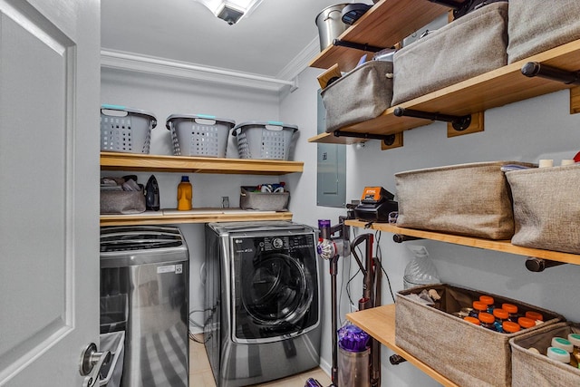 3503 Canal Rd, Farnham, VA 22460 - laundry area featuring crown molding, washer and dryer, and electric panel