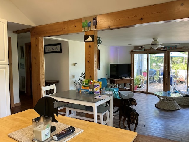 2884 Lake Rd, Lottsburg, VA 22511 - dining space featuring wood finished floors, ceiling fan, and lofted ceiling