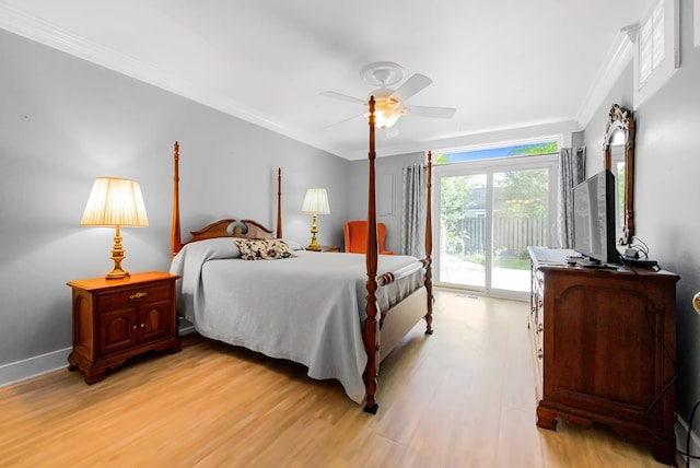 10 Heatherfield Ct, Kilmarnock, VA 22482 - bedroom with access to outside, ornamental molding, light wood finished floors, and a ceiling fan